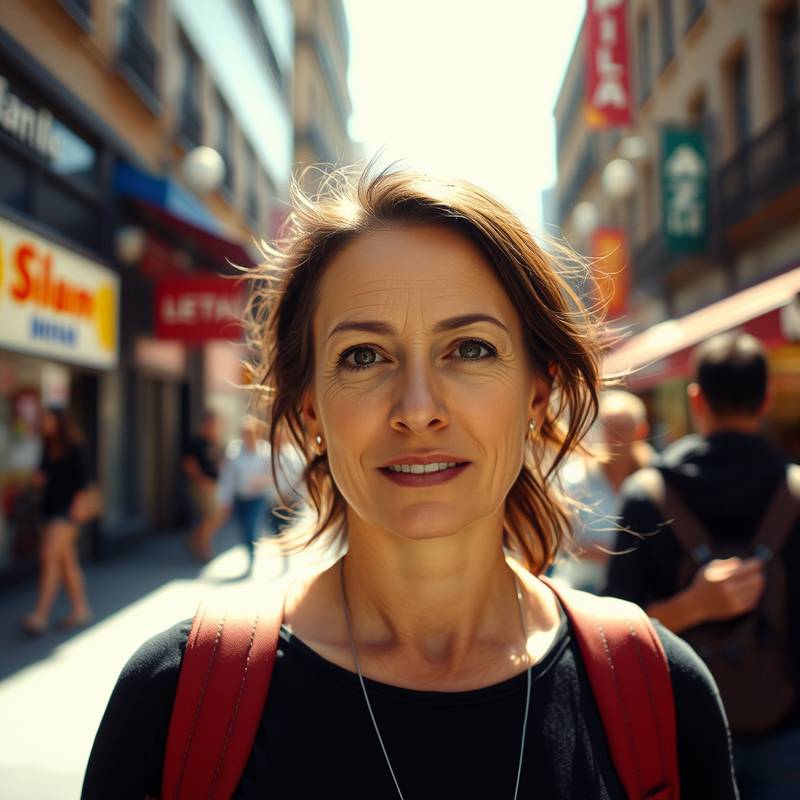 Candid street portrait of a woman in a vibrant urban setting