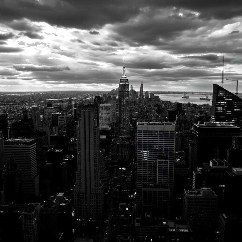 Dramatic black and white photograph of a city skyline